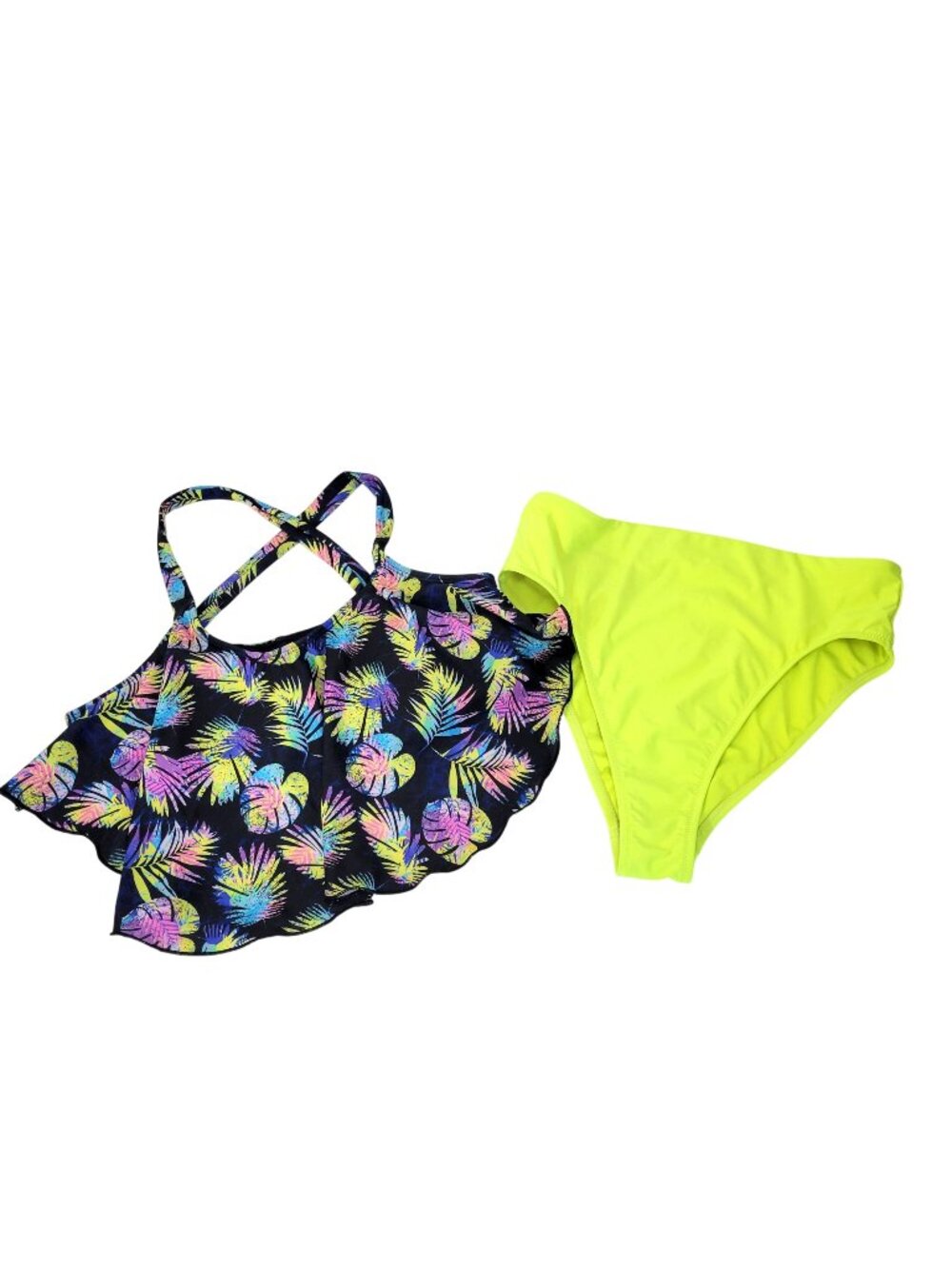 Athleta Womens Tropical Print Bikini Set With Neon Bottoms Size M Cross-Strap To